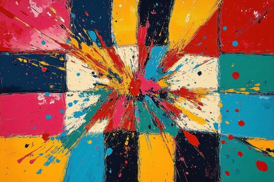 Colorful explosion of squares in pop art style creating an energetic visual experience, squares colors and boomb explosion pop art style