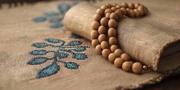 religious textiles, rosary beads and an embroidered pentecost stole intriguingly capture rich textures and reflections in the foreground