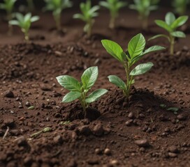 Tiny coffee seedlings emerge, vibrant green leaves unfurl in rich soil ,  coffee bean,  plant