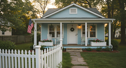 Charming American Home With Blue Siding And American Flag On A Sunny Day