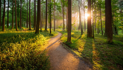 winding path through a serene forest with morning light generative ai