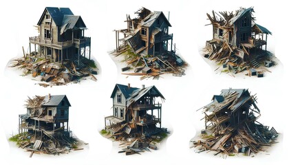Silent destruction – Set of crumbling structures frozen in time. Isolated on white background