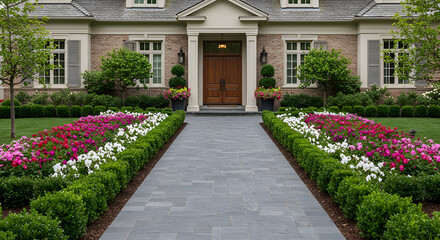 Obraz premium Elegant Home Exterior With Colorful Flowerbeds And Manicured Landscaping