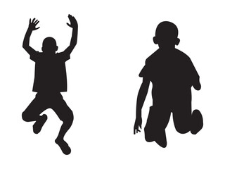 Silhouette kids jumping together with hands up vector set.
