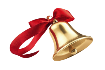 Festive gold bell with a vibrant red ribbon announcing joyous occasions bright clean image