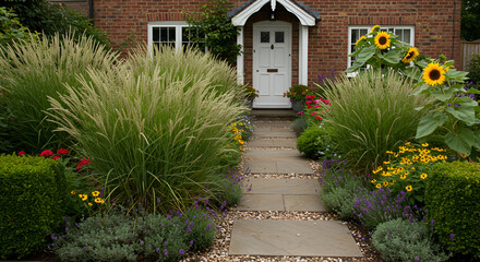 Obraz premium Picturesque Cottage Garden Path With Ornamental Grasses And Summer Blooms