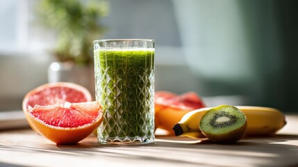  Fresh green smoothie in clear glass with grapefruit, kiwi, and banana on background