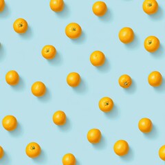 Small, vibrant oranges arranged in a  grid pattern on a pale blue background.  Shadows subtly indicate depth