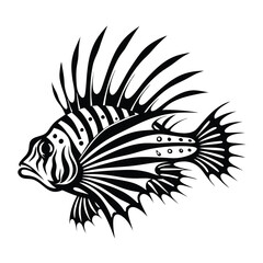 Isolated Black and White Lionfish with Spiky Fins and Striped Body