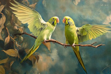 Close up of two vibrant green parakeets on a branch surrounded by foliage, Close up of two green parakeet, budgie on a branch flying off