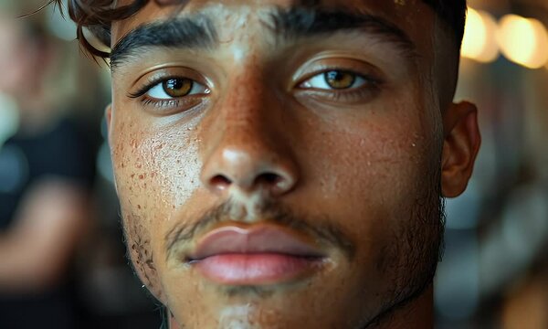 Close-up portrait of a young man with dark curly hair and brown eyes, slightly sweaty skin, and a goatee.