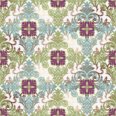 Ornate damask floral pattern in muted green, brown, purple for textile or wallpaper design. Vector seamless border in Victorian style. Islam, turkish, Indian, Arabic. Background set. Vector, illustrat