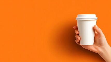 Hand is holding a white disposable cup with lid against an orange background. - high quality Hand is holding a white disposable cup with lid against a