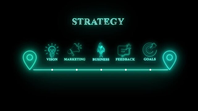 glowing neon strategy concept with thin line icons on black background. Infographic design. Chart with animated icons.