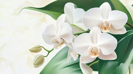 Obraz premium Elegant white orchids blooming, delicate floral arrangement with lush green leaves, perfect for nature-themed decor or invitations.