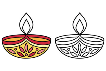 Festive Diwali celebration includes one colorfully designed diya and one black and white lined diya