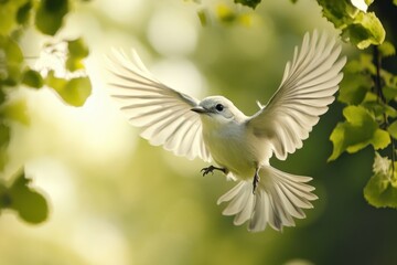Fototapeta premium Lesser Grey Shrike Lanius minor soaring through green foliage in the wild captured in slow motion, Lesser Grey Shrike, Lanius minor In the wild Slow motion