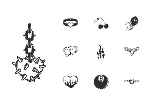 Black And White Retro Symbolic Vintage Illustration Set