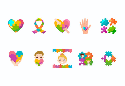 Colorful Puzzle Shapes Hearts Autism Icons Set