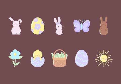Yellow And Purple Cute Easter Bunny Icons Set