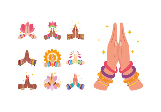 Colorful Decorative Prayer Hand Gesture Illustration Set