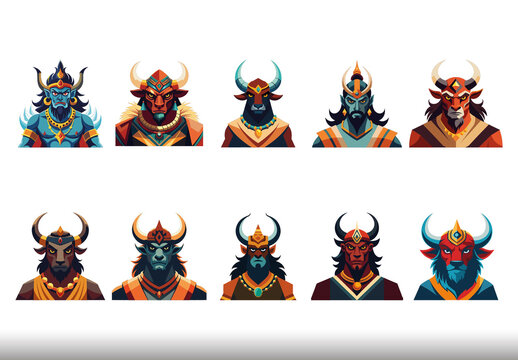 Colorful Warrior And Mythical Horned Characters Illustration Set
