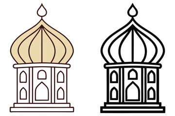 Islamic architecture is depicted in both color and black outlines over a transparent background