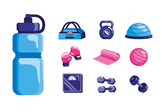 Purple And Pink Gym Fitness Equipment Icons Set