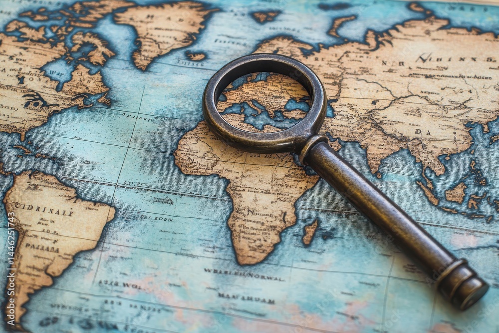 Poster key icon representing data processing on a world map highlighting global connectivity and informatio