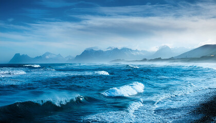 Naklejka premium misty blue coastal landscape with waves and distant mountains