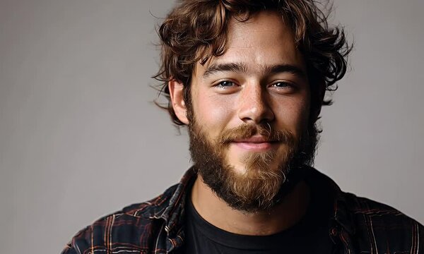 Portrait of a smiling man with curly hair and a beard, wearing a plaid shirt.