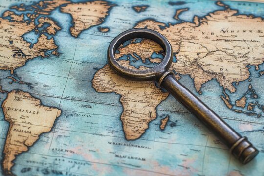 Key icon representing data processing on a world map highlighting global connectivity and information exchange, key icon and data processing over world map