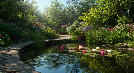 Fototapeta premium Enchanting Lakeside Garden With Lily Pads And Stone Path In Serene Setting