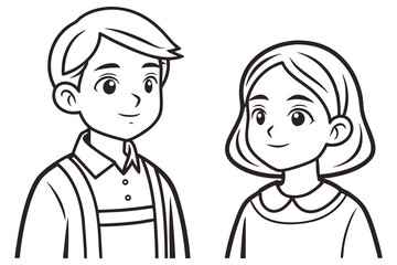 Line art portrays a smiling young boy and girl posing together with transparent background