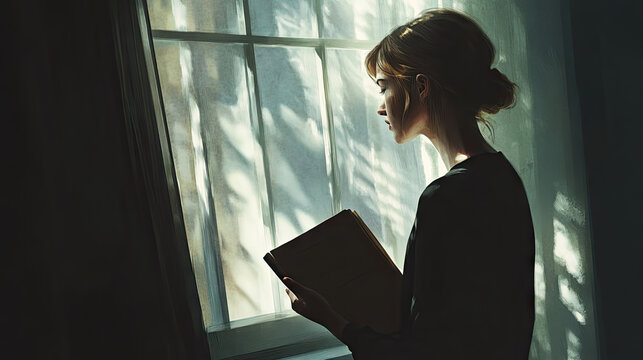 Woman reads near the window in quiet contemplation artistic representation with copy space for International Widows' Day - Powered by Adobe