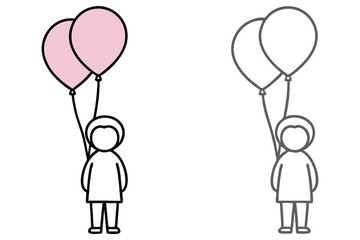 Minimalist child icon holds pink balloons with grey line art version isolated transparent background