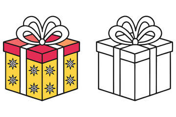 One colored gift box sits near an uncolored present, both feature a bow