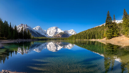 a tranquil lake with crystal clear water reflects the majestic snow capped mountain range and lush pine forest under a bright blue sky
