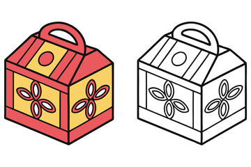 Red and yellow lucky treasure box on a white background and coloring page