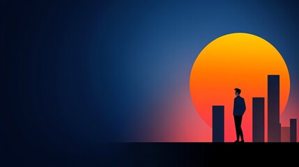 Fototapeta premium Person stands near graphical bars with large sun visible against a gradient blue and orange background.