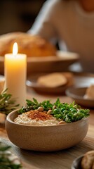 festive home celebration, a candid photojournalistic capture of a warm shavuot celebration at home, featuring traditional dishes, lit candles, and a torah in the background