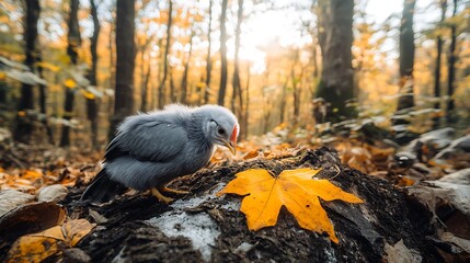 Fototapeta premium Young bird nestled among autumn forest leaves.