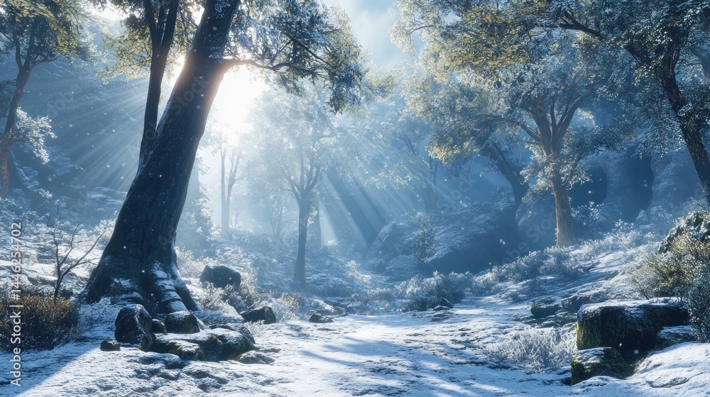 Poster sunlight pierces through snow laden forest creating a magical scene