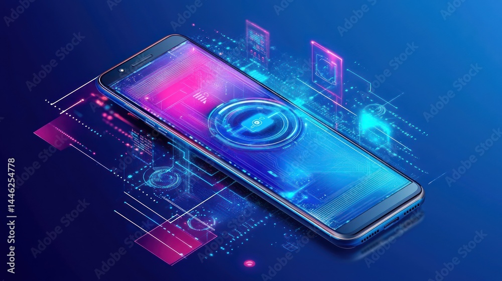 Poster Futuristic smartphone displaying digital interface on its screen surface