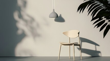 A modern chair and lamp with leafy shadows are depicted