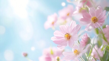 Obraz premium Vibrant blossoms in soft focus, delicate pastel flowers against a dreamy blue sky, perfect for spring themes and invitations.