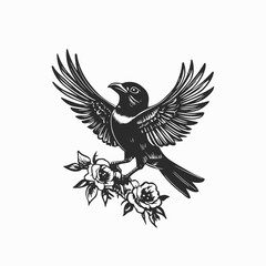 Obraz premium Bird flying wings floral black white illustration drawing artwork nature animal art design vintage graphic tattoo