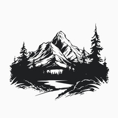 Fototapeta premium Mountain landscape forest trees nature scenic peak sky river monochrome black white outdoors travel art