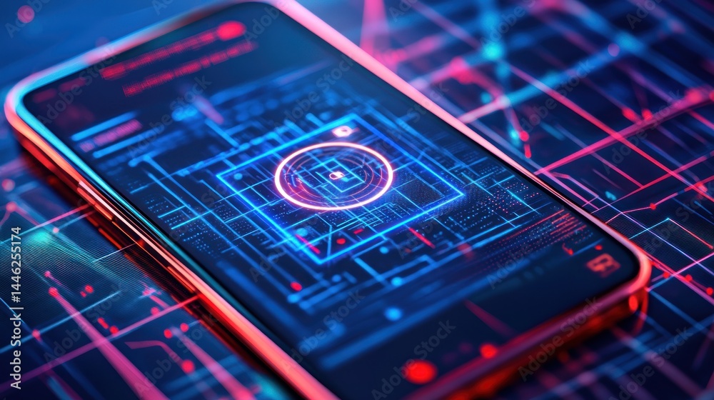 Poster smartphone display featuring digital circuit board and futuristic technology