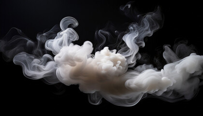 white luminous abstract chaotic puffs of smoke on black background realistic dry smoke clouds isolated on black background